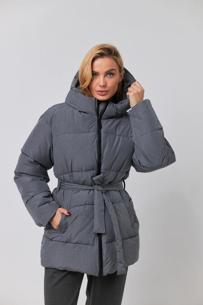 Jacket with a fastener and a belt